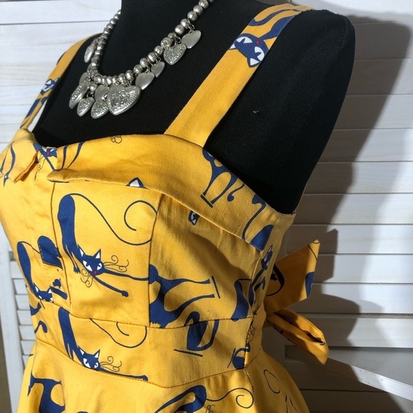 IXIA Vintage Cat Print Mini Dress Yellow Blue Small - Picture 6 of 13